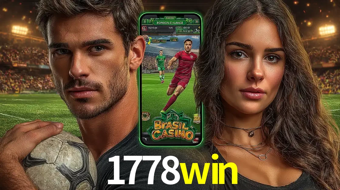 Homem segurando uma bola de futebol e uma mulher ao lado de um smartphone exibindo o jogo de apostas esportivas da 1778win. Faça seu palpite no cassino online.